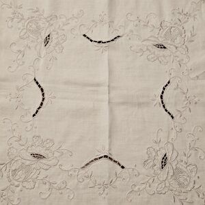 Elegant White Cotton Linen Embroidered Tablecloth